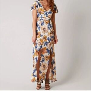 Buckle Floral Maxi Dress with Blue and Yellow Hues